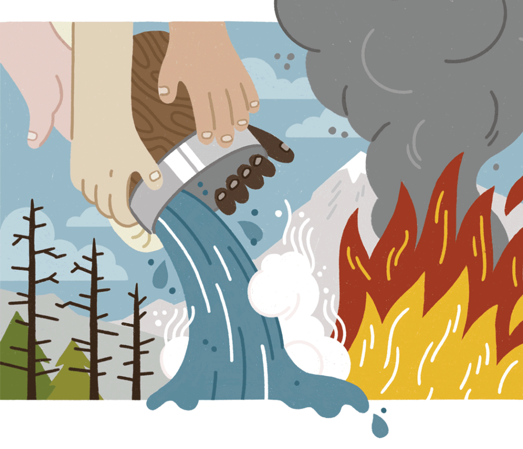 Climate Partnership Illustration of hands putting out wildfire